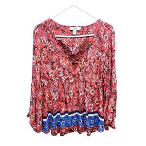 Vintage America Blues Floral Bell Sleeve Top Lace Up V Neck Blouse Size L